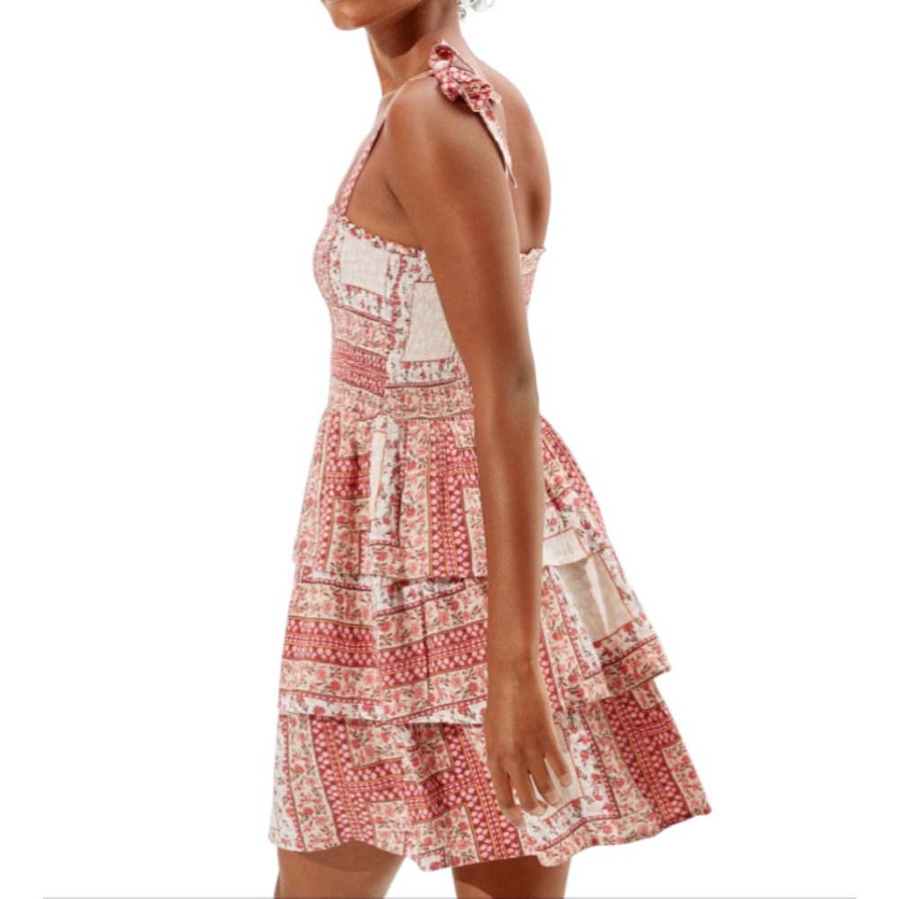 AMERICAN EAGLE Outfitters SMOCKED PEASANT DRESS Tiered Ruffle PINK FLORAL sz L